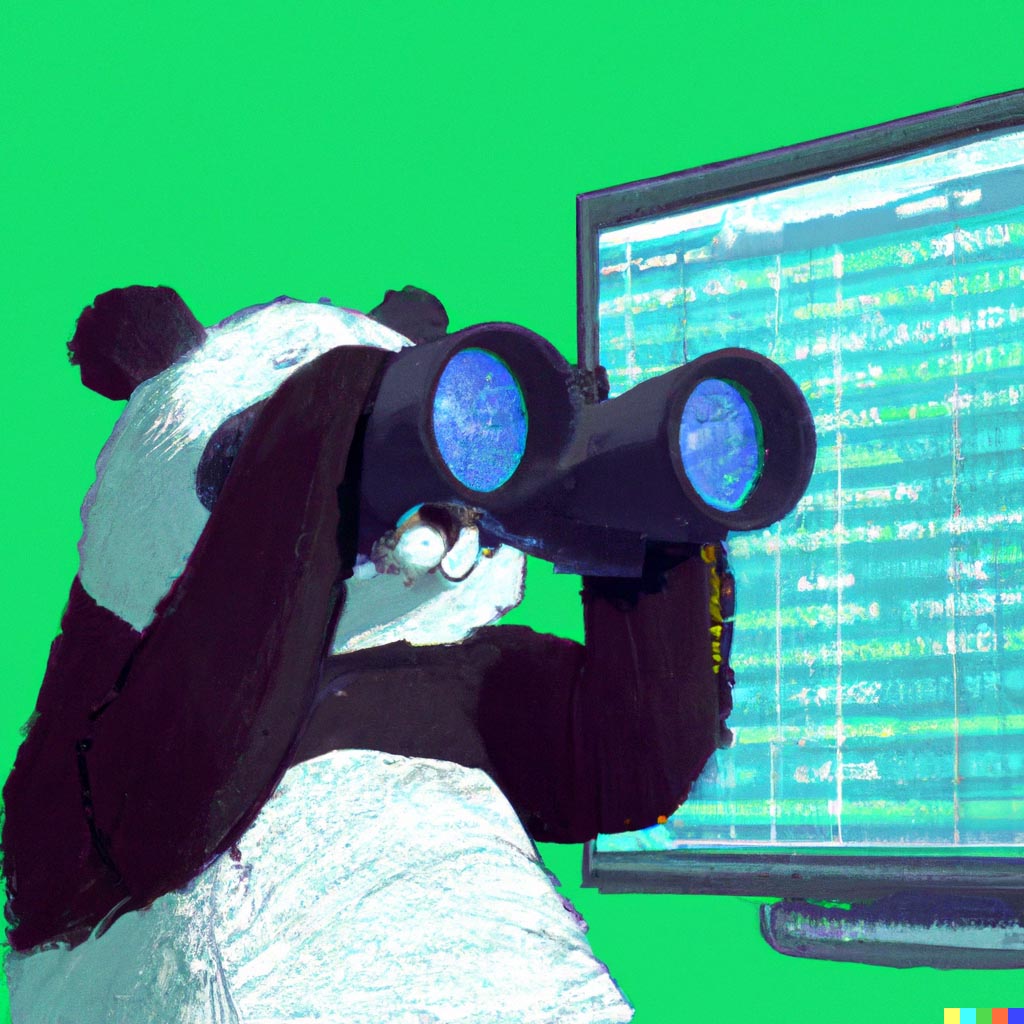 DALL·E prompt: Panda looking through binoculars at a floating spreadsheet of data, 4k highly detailed digital art